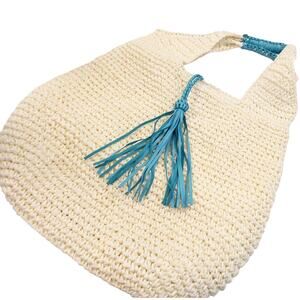 Sun and Sand soft straw shoulder bag purse/ turquoise tassel